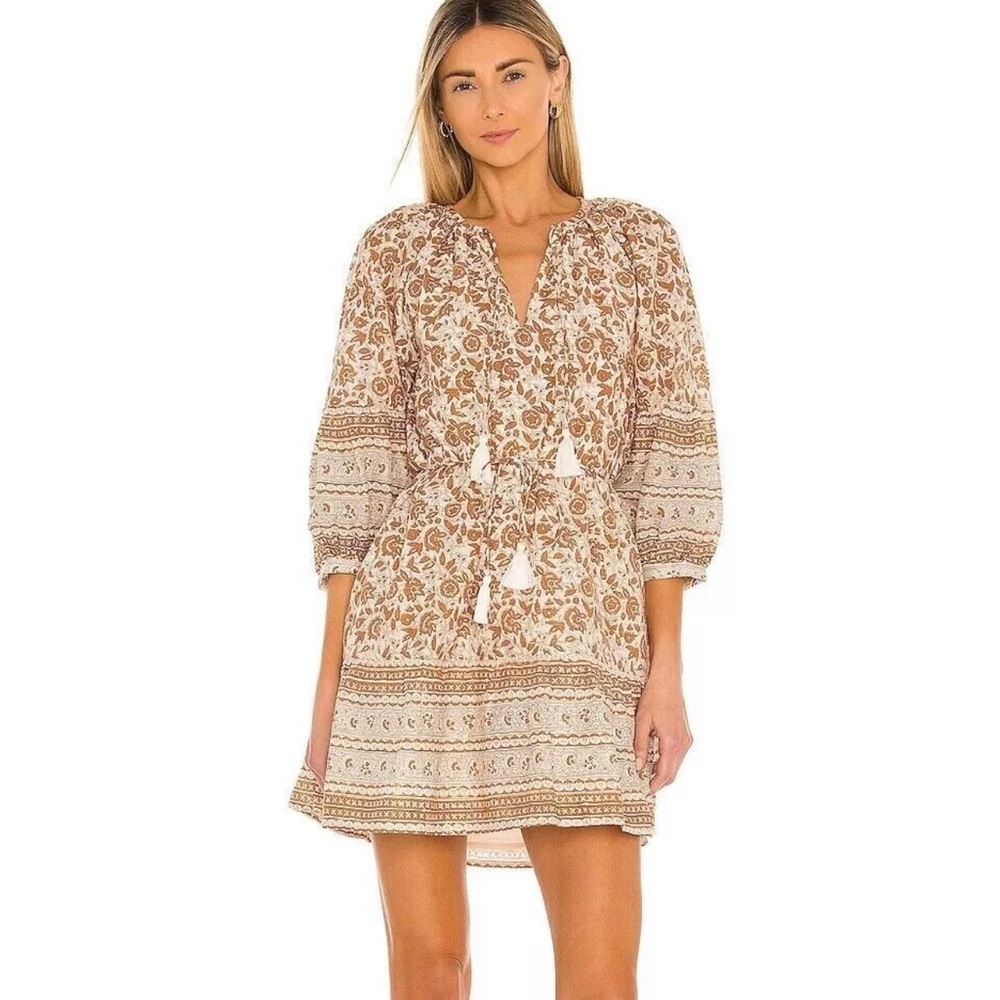 Cleobella Cream & Brown Floral Boho Mini Dress with Tassel Tie